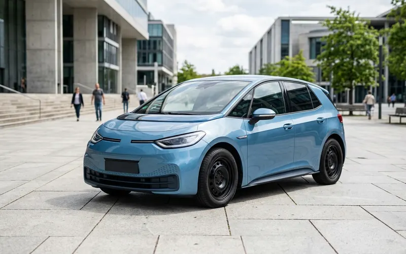 Volkswagen ID.2 electric hatchback in a city plaza